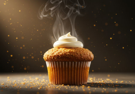 A freshly baked cupcake with creamy white frosting and wisps of steam rising, set against a warm, sparkling background.の素材