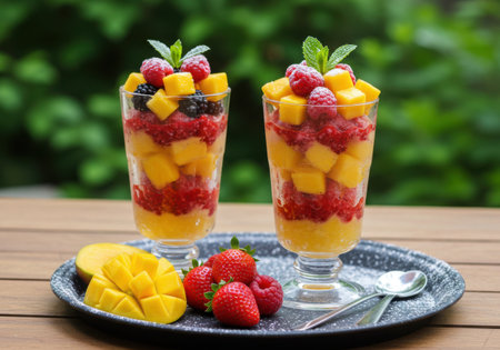 Two tall glasses filled with layers of diced mango, raspberries, and blueberries, garnished with mint, served with fresh fruit on a tray.の素材