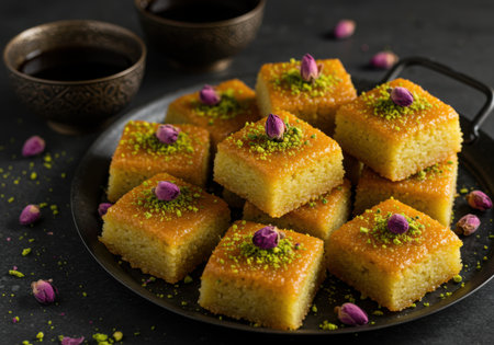 A close-up view of a dark platter filled with golden, syrup-soaked baklava squares, garnished with chopped pistachios and delicate rose petals.の素材