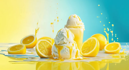A vibrant still life featuring scoops of lemon sorbet, fresh lemon slices, and dynamic splashes of liquid against a gradient yellow and blue background.の素材