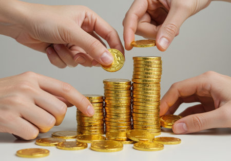 Multiple hands carefully place gold coins onto rising stacks, symbolizing investment and financial accumulation.の素材