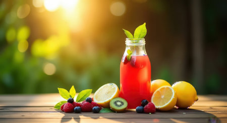 A tall bottle of red berry drink sits on a wooden surface surrounded by lemons, berries, and kiwi slices, bathed in warm sunset light.の素材