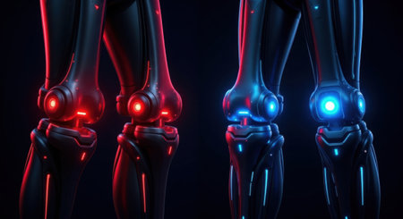 Close-up of two robotic arms, one with red glowing joints, the other with blue, against a dark background.の素材