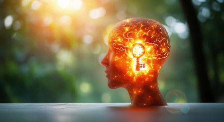 A translucent human head silhouette glows with a fiery orange light, revealing a key unlocking the brain's potential amidst a blurred natural background.の素材