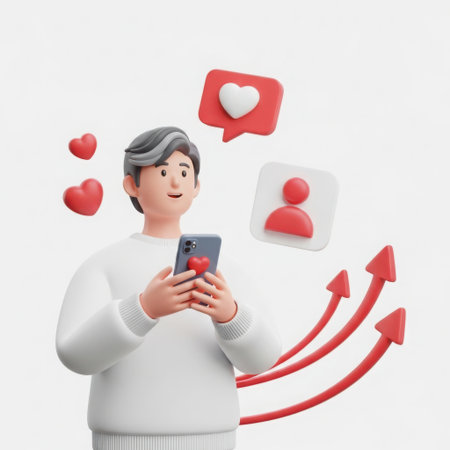 A person holds a smartphone, surrounded by social media icons like likes and followers, with upward trending arrows indicating growth and engagement.の素材