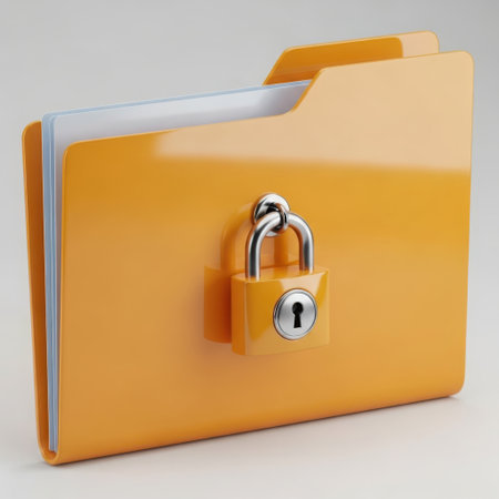 An orange file folder secured with a shiny metal padlock, symbolizing data protection and privacy.の素材