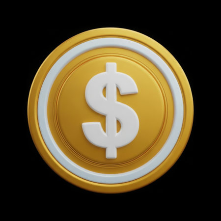 A close-up, 3D rendered image of a shiny golden coin featuring a prominent white dollar sign, set against a stark black background.の素材