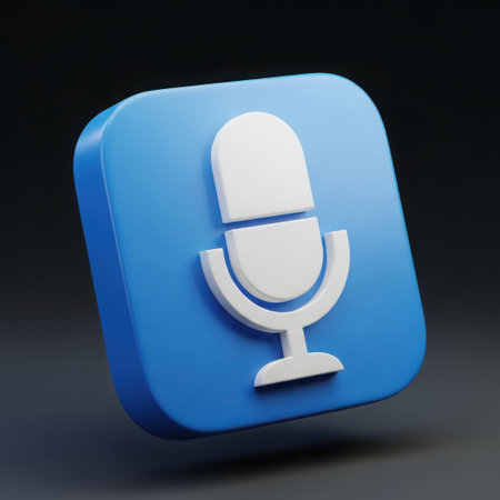 A 3D rendered blue square icon featuring a raised white microphone symbol, set against a dark, subtly lit background.の素材
