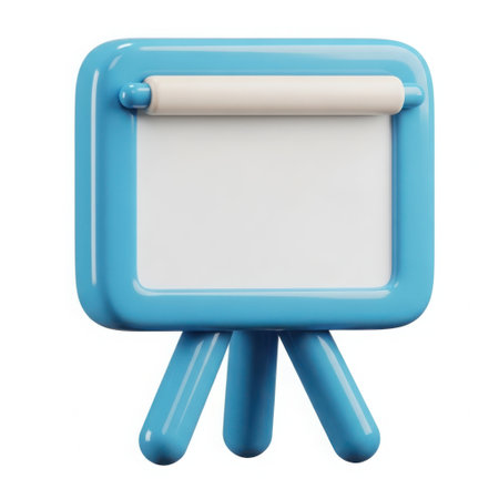 A bright blue 3D render of a portable easel with a blank white writing surface, perfect for educational or presentation concepts.の素材