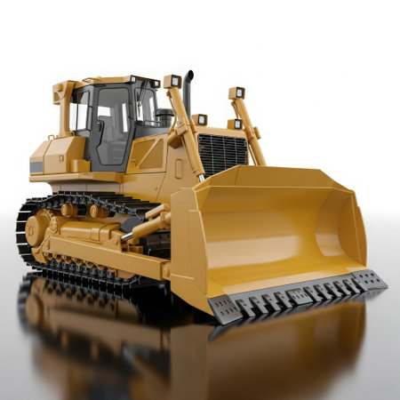 A powerful yellow bulldozer with a large blade and tracks is showcased against a clean white background, reflecting on a glossy surface.の素材