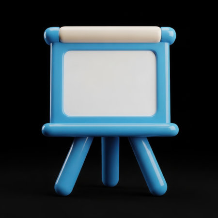 A stylized 3D illustration of a blue tripod easel with a blank white board, presented against a solid black backdrop.の素材