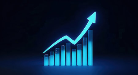 A neon blue bar graph shows a strong upward trend with a prominent arrow indicating growth and success against a dark background.の素材
