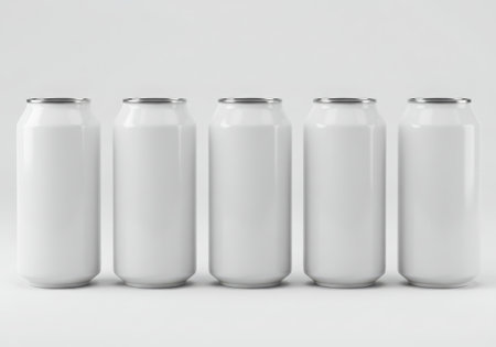 A row of five identical blank white beverage cans with silver tops are neatly arranged and isolated on a clean white background.の素材