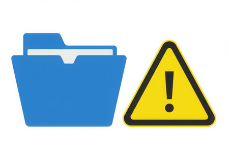 A digital illustration showing a blue folder next to a yellow triangular warning sign with an exclamation mark.の素材