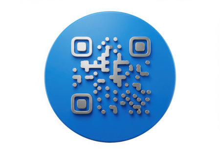 A stylized blue circular icon featuring a QR code with raised metallic squares and pixelated data, presented against a white background.の素材