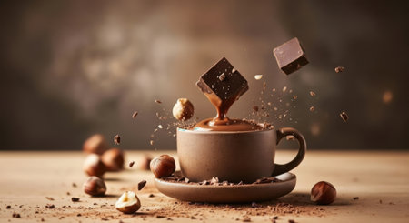 A dynamic shot of dark chocolate chunks and liquid pouring into a warm mug, creating a decadent and inviting scene.の素材