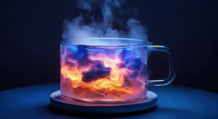 A clear glass mug filled with a vibrant, steaming beverage illuminated by fiery orange, yellow, and electric blue light, evoking a magical or cosmic feel.の素材