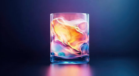 A tall glass filled with ice and swirling abstract colors of pink, blue, yellow, and purple, illuminated by dramatic lighting.の素材