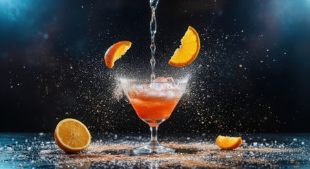 A vibrant orange cocktail is being poured into a glass, creating a dramatic splash with ice and orange slices.の素材