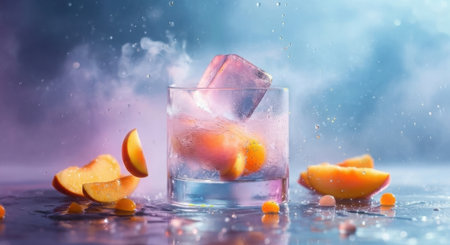 A clear glass filled with ice and peach slices, surrounded by scattered fruit pieces and a misty, ethereal background.の素材
