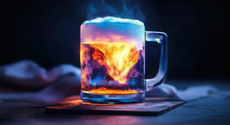 A surreal, colorful tornado of fire and ice swirls within a beer mug, topped with luminous foam, creating a magical beverage.の素材