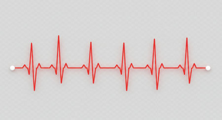 a minimalist and precise medical illustration of a heartbeat represented by a vivid red electrocardiogram (ECG) line, showcasing sharp peaks and valleys to symbolize cardiac rhythm and pulse, set against a transparent background for versatility and focus; the design should embody the essence of a health monitor or medical graph, emphasizing vital signs and heart rate as critical indicators of cardiovascular health, with a clean waveform that serves as both a diagnostic tool and a symbolic lifeline; maintain a clinical yet approachable aesthetic through simple graphic elements, ensuring clarity and professionalism while conveying the intricacies of cardiac function in a visually impactful manner suitable for educationalの素材