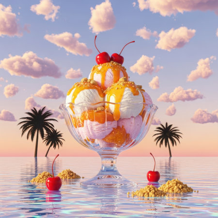 A surreal ice cream sundae sits in a glass bowl, surrounded by miniature palm trees and cherries on islands in a calm, reflective ocean.の素材