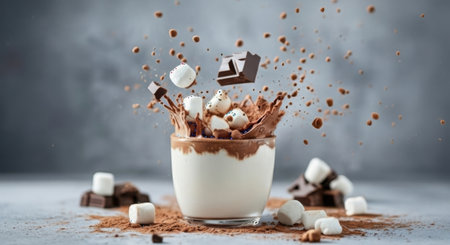 A dynamic shot of a creamy hot chocolate drink with marshmallows, chocolate pieces, and cocoa powder exploding outwards against a textured gray background.の素材