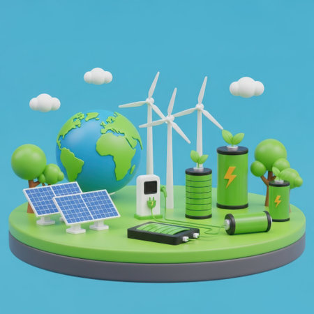 A vibrant 3D illustration showcasing renewable energy sources like solar panels and wind turbines alongside the Earth, symbolizing a commitment to a greener planet.の素材