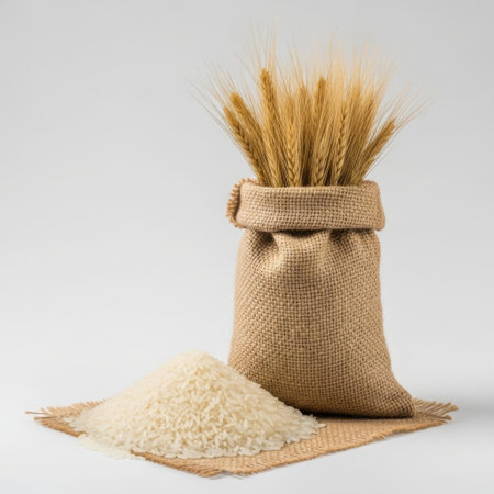 A rustic burlap sack overflowing with golden wheat stalks stands next to a small pile of light-colored grains on a woven mat.の素材