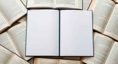 An overhead view of a blank, open book centrally placed amidst a spread of antique, open books with handwritten pages.の素材