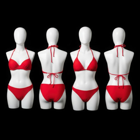 Four white mannequins are showcasing identical red bikinis with string ties, presented against a stark black backdrop.の素材