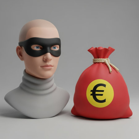 A stylized bust of a person wearing a black eye mask stands next to a red money bag emblazoned with a yellow euro symbol.の素材