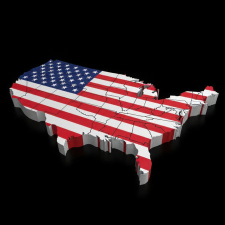 A three-dimensional map of the United States is rendered with the iconic American flag pattern, presented against a stark black background.の素材