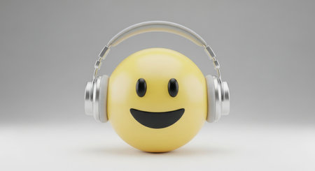 A cheerful yellow egg character with a smiley face wearing silver headphones, isolated on a light grey background, enjoying music.の素材