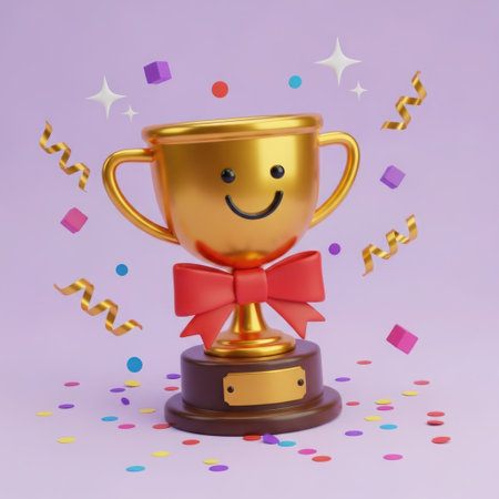 A cheerful golden trophy with a smiling face, adorned with a red bow and surrounded by falling confetti and streamers, celebrating a victory.の素材