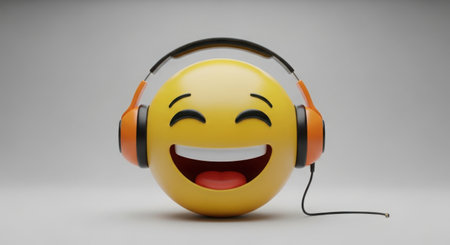 A cheerful yellow emoji with a wide smile and closed eyes, wearing orange headphones and enjoying music.の素材
