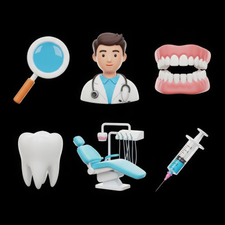 A collection of six 3D rendered icons representing dental health, including a dentist, magnifying glass, teeth, dental chair, and syringe.の素材