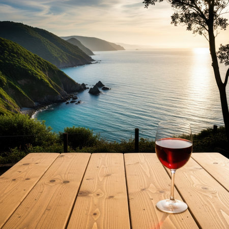 A glass of red wine sits on a wooden table with a breathtaking view of a rugged coastline and the ocean at sunset.の素材
