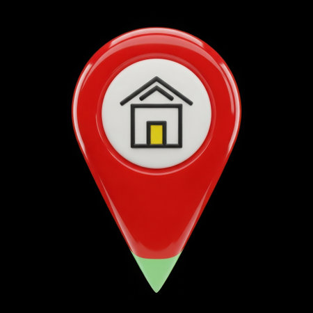 A bright red location pin with a white circle containing a simple house icon, symbolizing home or a destination.の素材