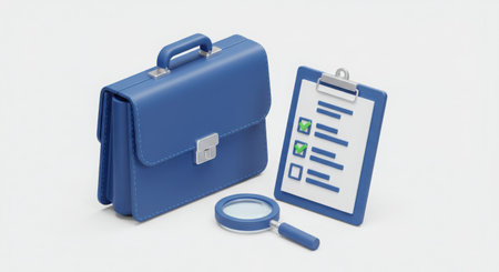 A meticulously crafted 3D render featuring a professional business-themed composition, centered around a sleek blue leather briefcase with a glossy finish. The briefcase, rendered in rich navy blue with subtle light blue accents, showcases fine detailing such as precise stitching, metallic clasps, and a sturdy handle, emphasizing its premium quality. Accompanying the briefcase is a neatly arranged clipboard holding a checklist, with clearly marked checkboxes symbolizing organization and efficiency. A magnifying glass with a polished, reflective surface and a detailed rim rests nearby, representing analysis, attention to detail, and strategic planning. The isometric perspective enhances the depth and clarity of the arrangement, creating a clean, structured layout that embodies productivity and professionalism. Set against a crisp white background, the high-contrast rendering allows each object to stand out distinctly while maintaining a cohesive, modern aesthetic. The illustration blends smooth, rounded edges with sharp, well-defined lines, reinforcing a polished, business-oriented visual style. Designed as a conceptual representation of workplace efficiency and corporate strategy, this dynamic composition serves as an ideal visual for productivity tools, office supplies branding, and business-related digital content.の素材