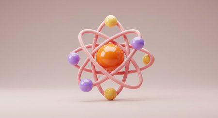 a sleek and stylized 3D illustration of an atomic model, featuring a vibrant orange nucleus at its center surrounded by smooth, glossy pink orbits that curve gracefully in a symmetrical structure; depict the electrons as simplified geometric shapes in pastel shades of purple and yellow, giving them a playful yet polished toy-like appearance while maintaining clarity as a scientific icon; emphasize clean lines and minimalist design against a neutral background to highlight the educational visual's focus on physics concepts and molecular representation; use soft lighting to enhance the glossy surfaces of each element, creating depth and dimension without overwhelming detail, ensuring the composition remains engaging and accessible for learning purposes, blending artistic creativity with a professional, approachable aesthetic.の素材