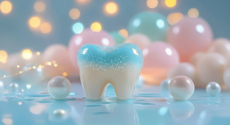 A charming, decorative tooth with pastel colors sits amongst soft, glowing bubbles and pearls on a white background.の素材