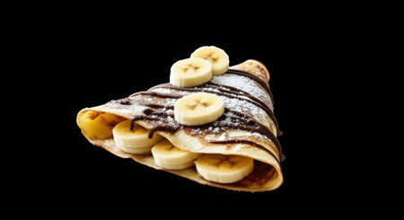 A folded crepe filled with fresh banana slices and drizzled with chocolate sauce, presented on a clean white background.の素材