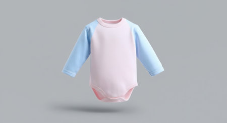 A light-colored baby onesie with light blue long sleeves is shown floating against a plain white background.の素材