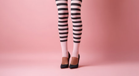 A close-up shot of a pair of legs wearing black and white striped stockings and high heels, isolated on a white background.の素材