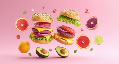 A vibrant arrangement of deconstructed burgers, avocados, grapefruits, and mangoes floating in the air on a clean white background.の素材