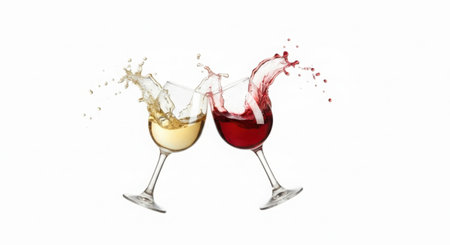 A dynamic image of two wine glasses clinking, with red and white wine splashing out, isolated on a clean white background.の素材