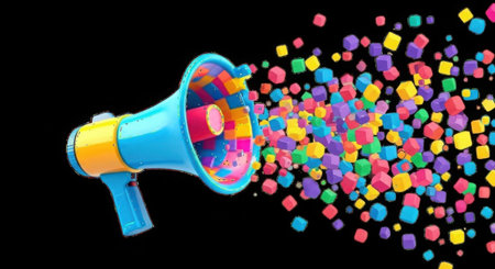 A blue and yellow megaphone releases a burst of small, colorful cubes against a stark white background, symbolizing communication and creativity.の素材