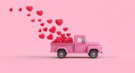 A pink toy truck overflowing with red hearts, with more hearts trailing out, isolated on a white background.の素材